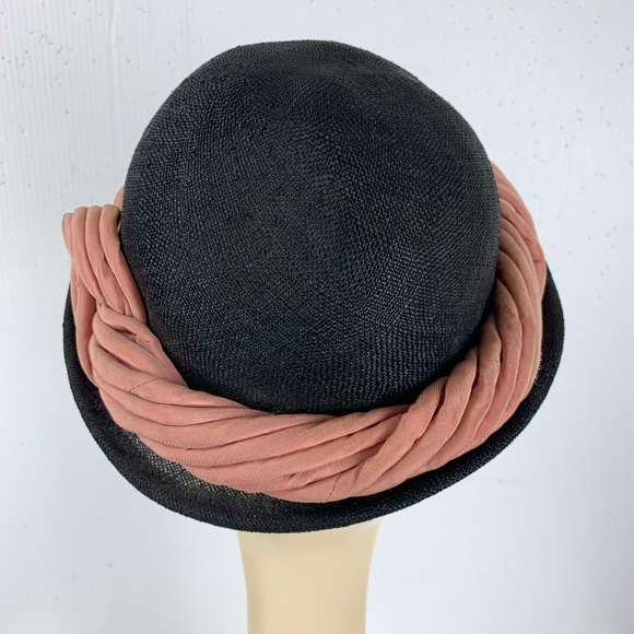 1940-50s Easter Hat New York Creations Navy Blue Straw Pink Satin Twist Trim main image 8